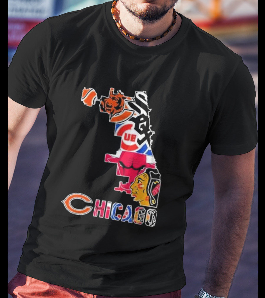 Chicago Bears Bulls Cubs White Sox Blackhawks Map T-Shirt