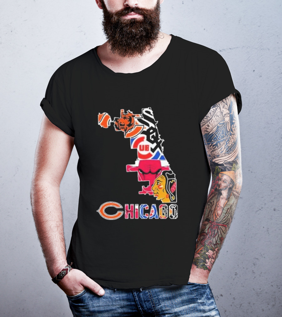 Chicago Bears Bulls Cubs White Sox Blackhawks Map T-Shirt