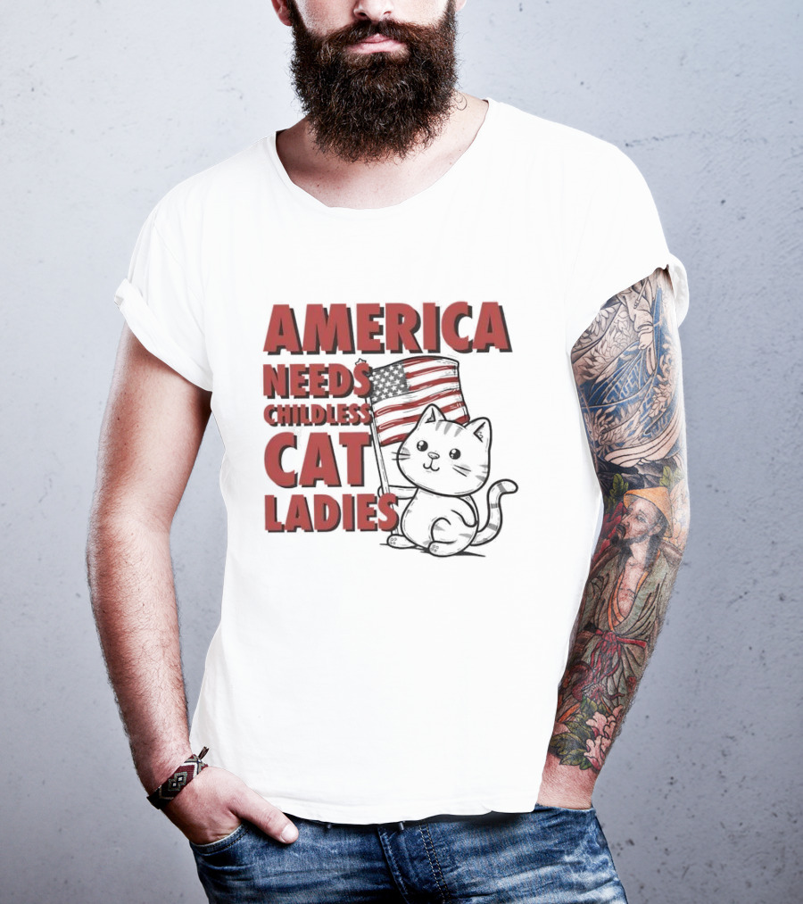 America Needs Childless Cat Ladies Cat With American Flag T-Shirt