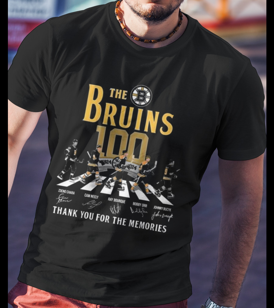 The Bruins 100 1924 Thank You For The Memories Zdeno Chara Cam Neely Ray Bourque Bobby Orr Johnny Bucyk Signatures T-Shirt