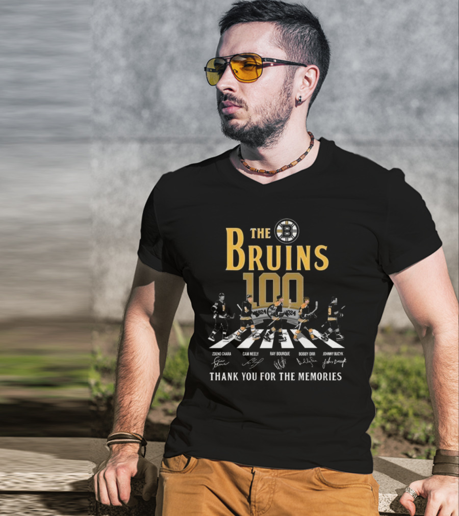 The Bruins 100 1924 Thank You For The Memories Zdeno Chara Cam Neely Ray Bourque Bobby Orr Johnny Bucyk Signatures T-Shirt