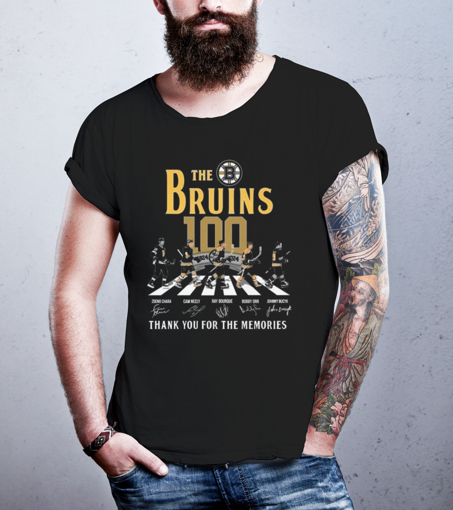 The Bruins 100 1924 Thank You For The Memories Zdeno Chara Cam Neely Ray Bourque Bobby Orr Johnny Bucyk Signatures T-Shirt