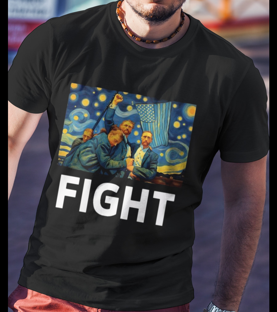 Fight Van Gogh Starry Night American Flag Fist Raised T-Shirt