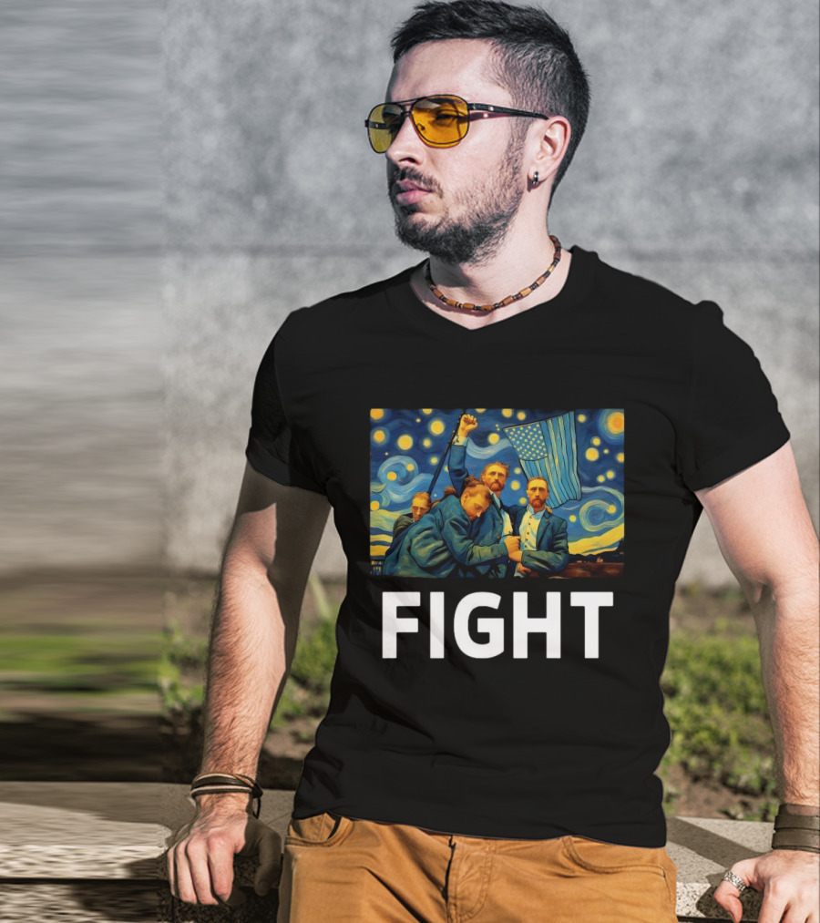 Fight Van Gogh Starry Night American Flag Fist Raised T-Shirt