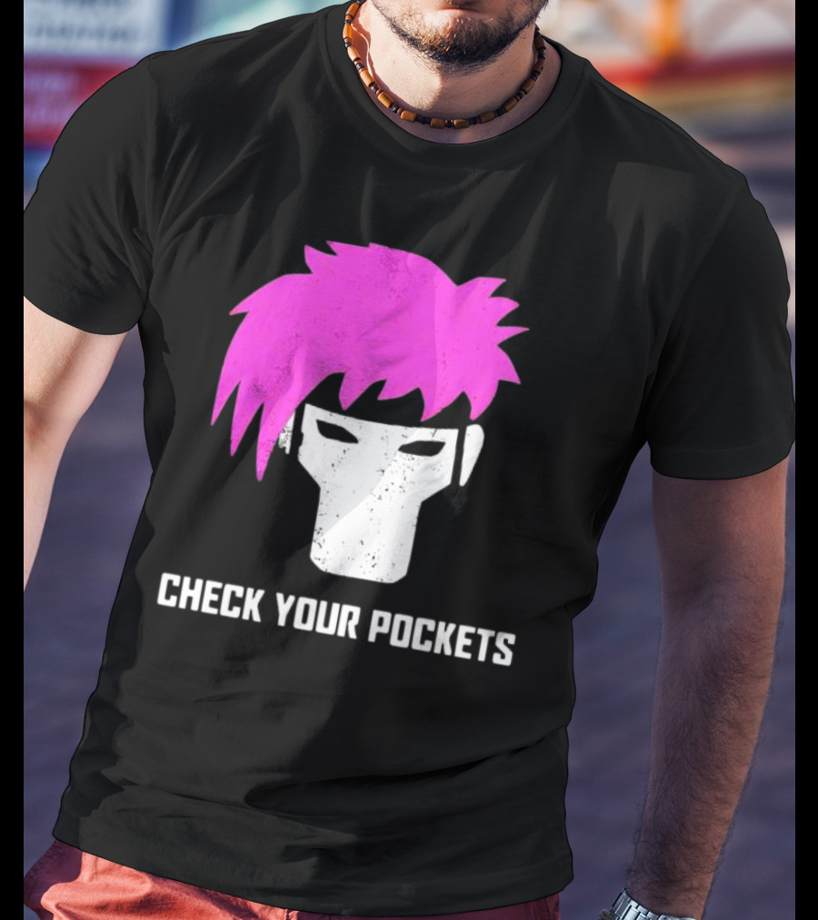 Check Your Pockets Pink Hair Masked Face T-Shirt