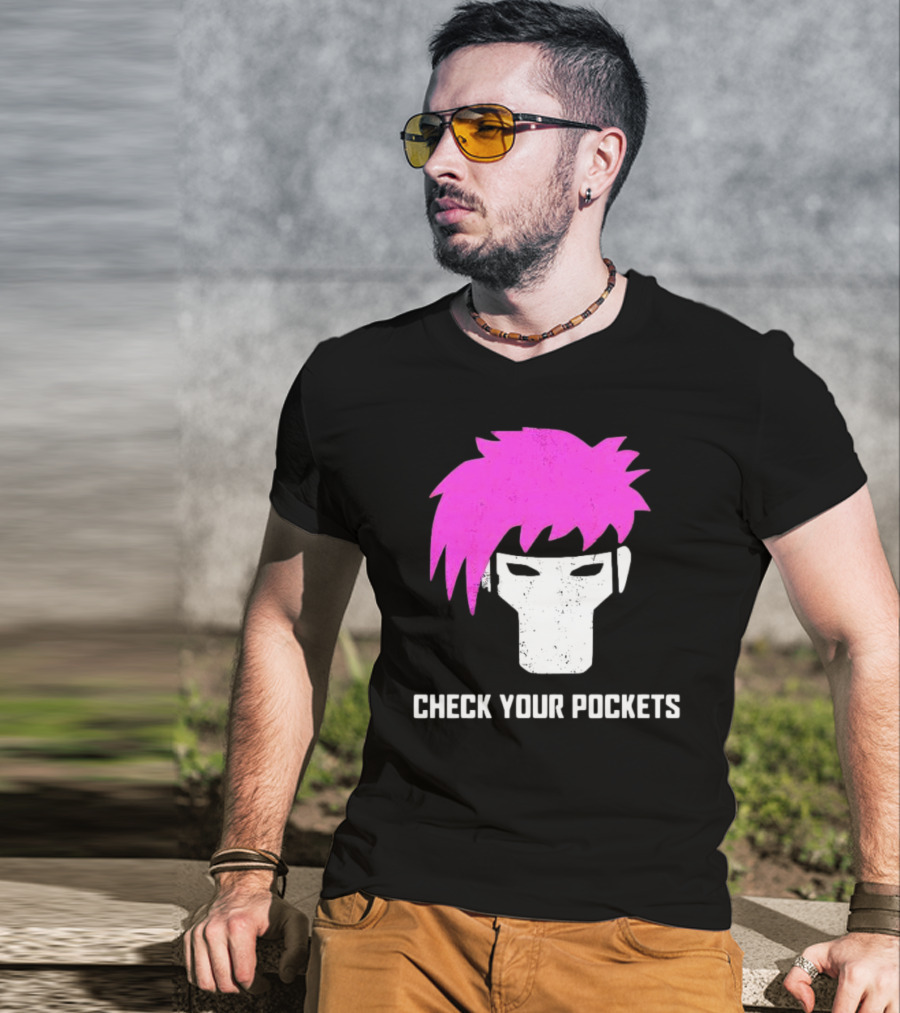 Check Your Pockets Pink Hair Masked Face T-Shirt