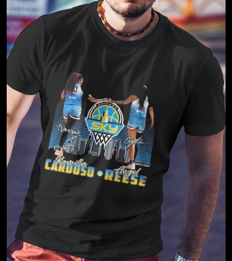 Chicago Sky WNBA Kamilla Cardoso Angel Reese Skyline Signatures T-Shirt