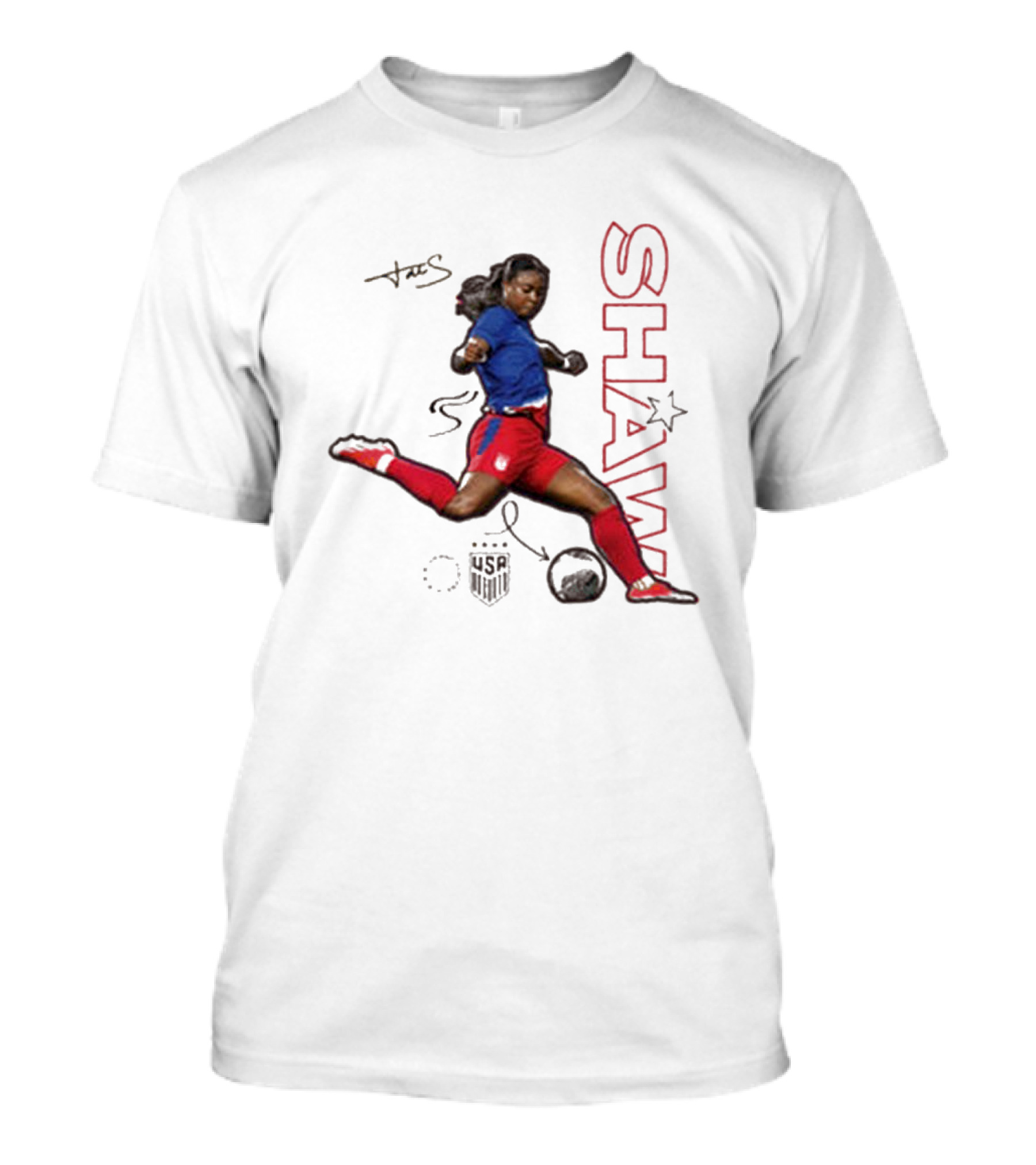 USWNT Jaedyn Shaw Signature Red And Blue Action Pose With Star T-Shirt