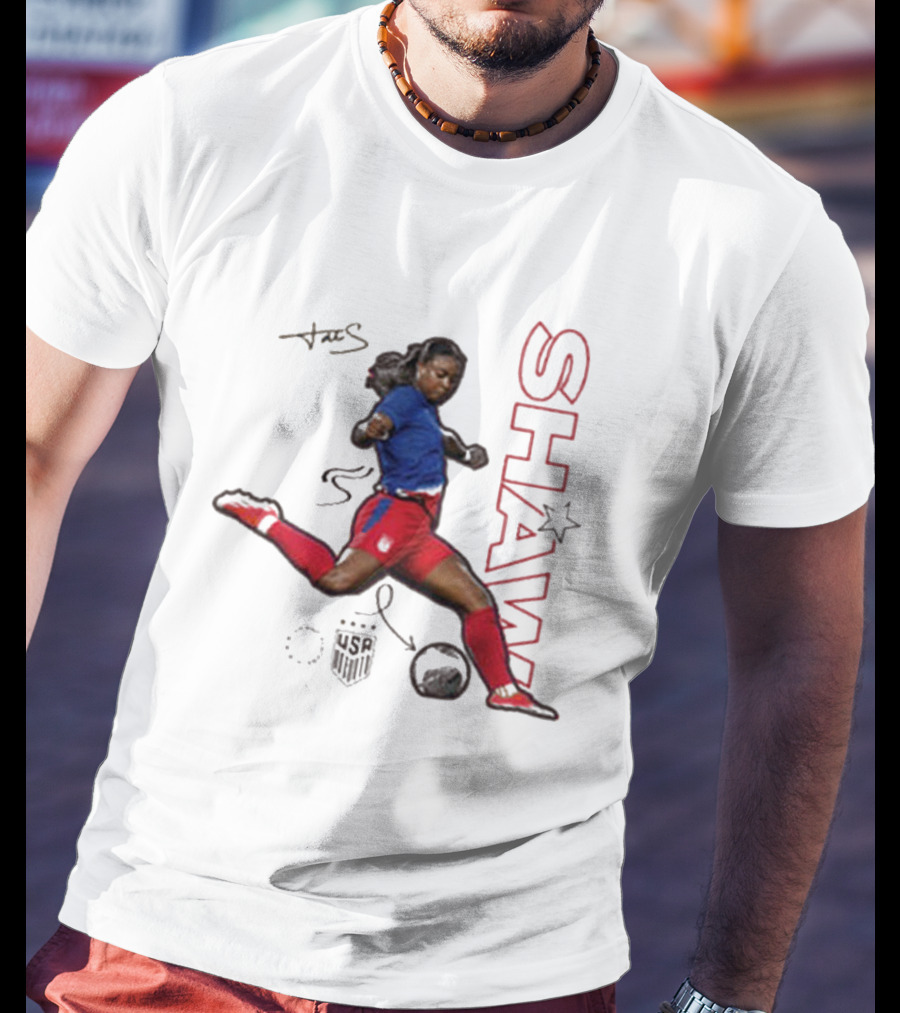 USWNT Jaedyn Shaw Signature Red And Blue Action Pose With Star T-Shirt