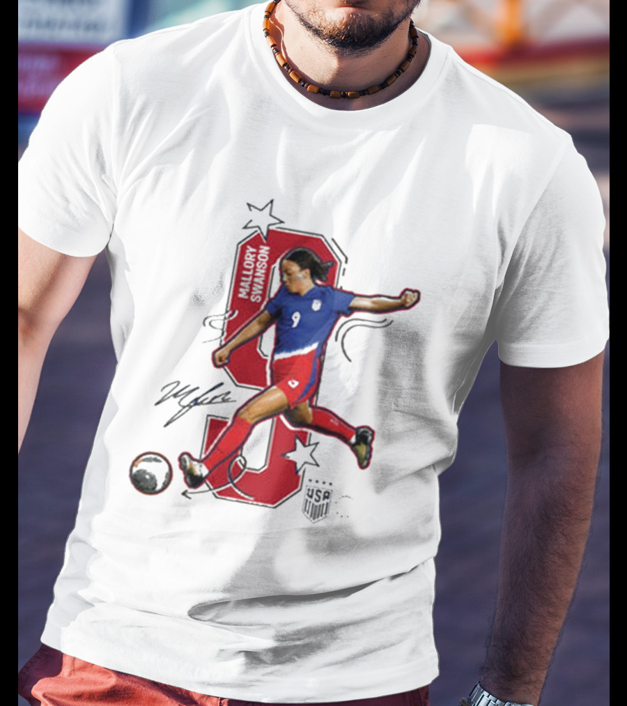 Mallory Swanson Number 9 USWNT Signature Red And Blue Player Action T-Shirt