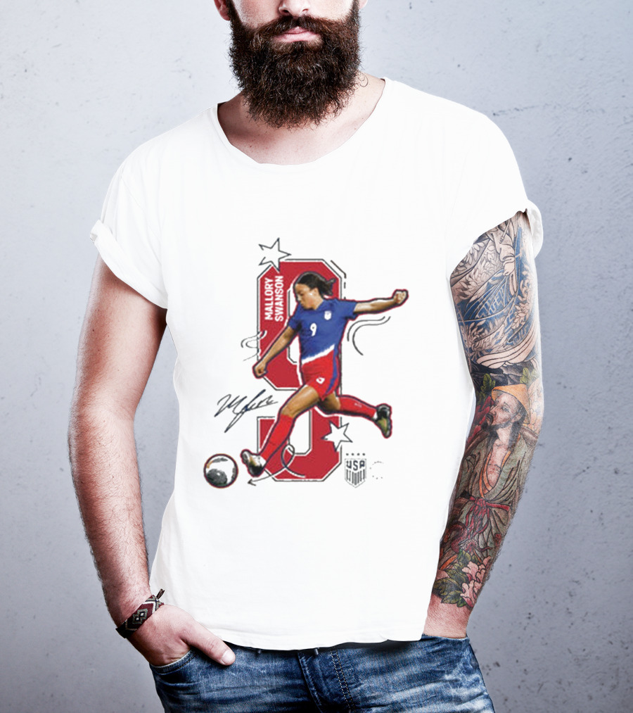 Mallory Swanson Number 9 USWNT Signature Red And Blue Player Action T-Shirt