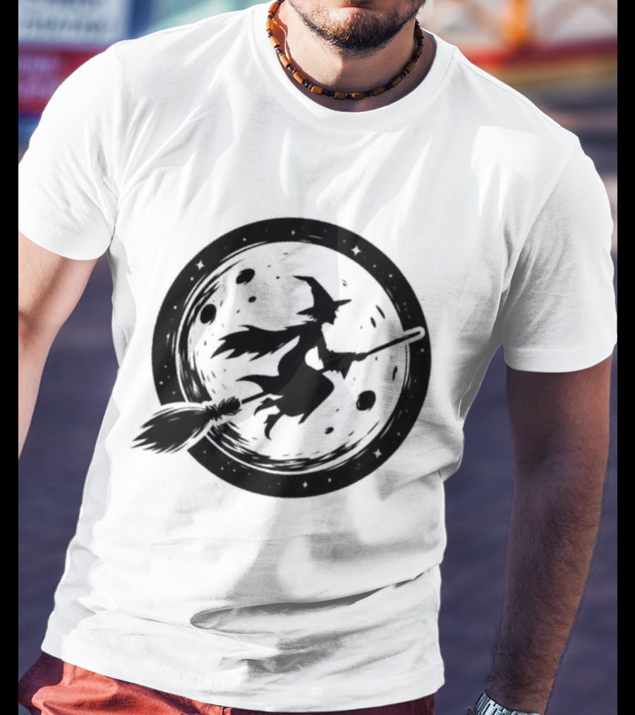 Spooky Halloween Witch Flying Across Full Moon Night T-Shirt