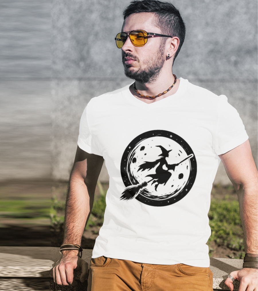 Spooky Halloween Witch Flying Across Full Moon Night T-Shirt