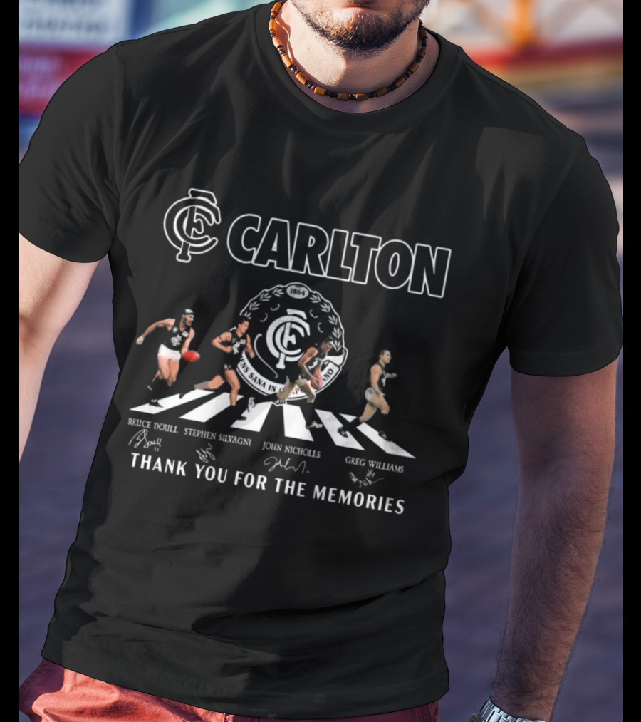 Carlton Blues AFL Thank You For The Memories Abbey Road Bruce Doull Stephen Silvagni John Nicholls Greg Williams Signatures T-Shirt