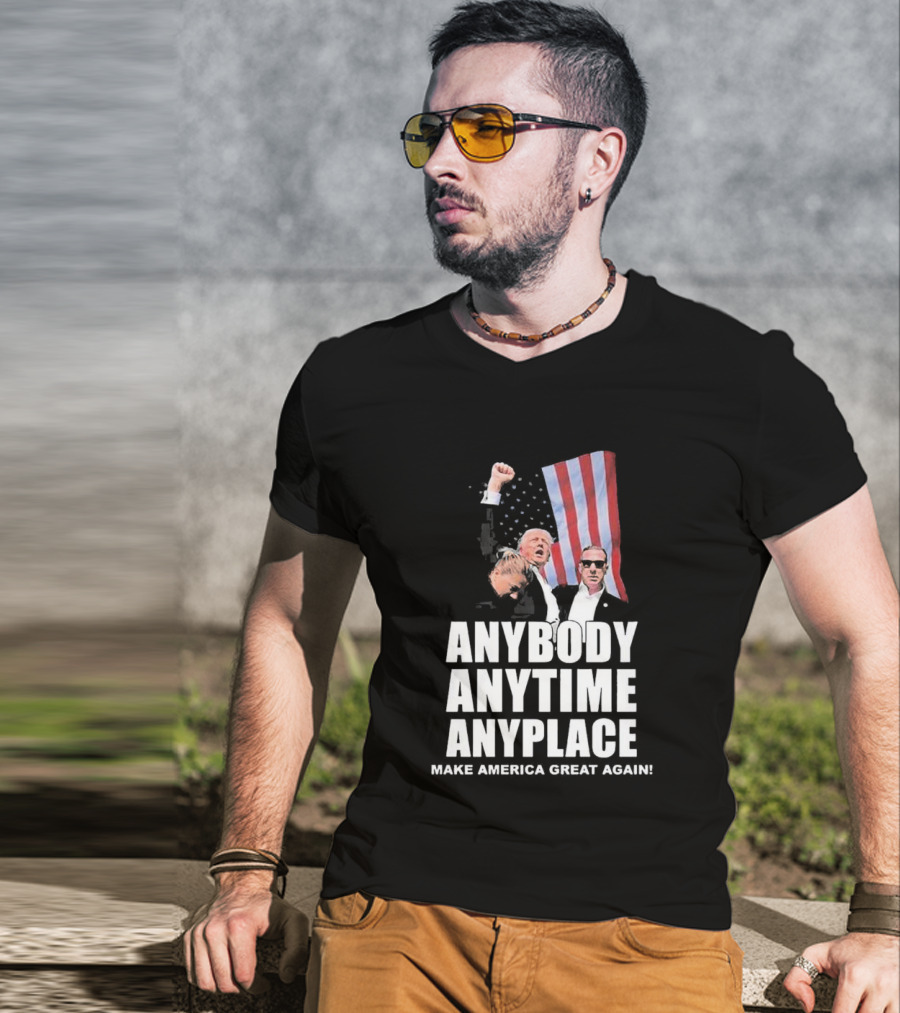 Anybody Anytime Anyplace Make America Great Again Flag And Figures T-Shirt