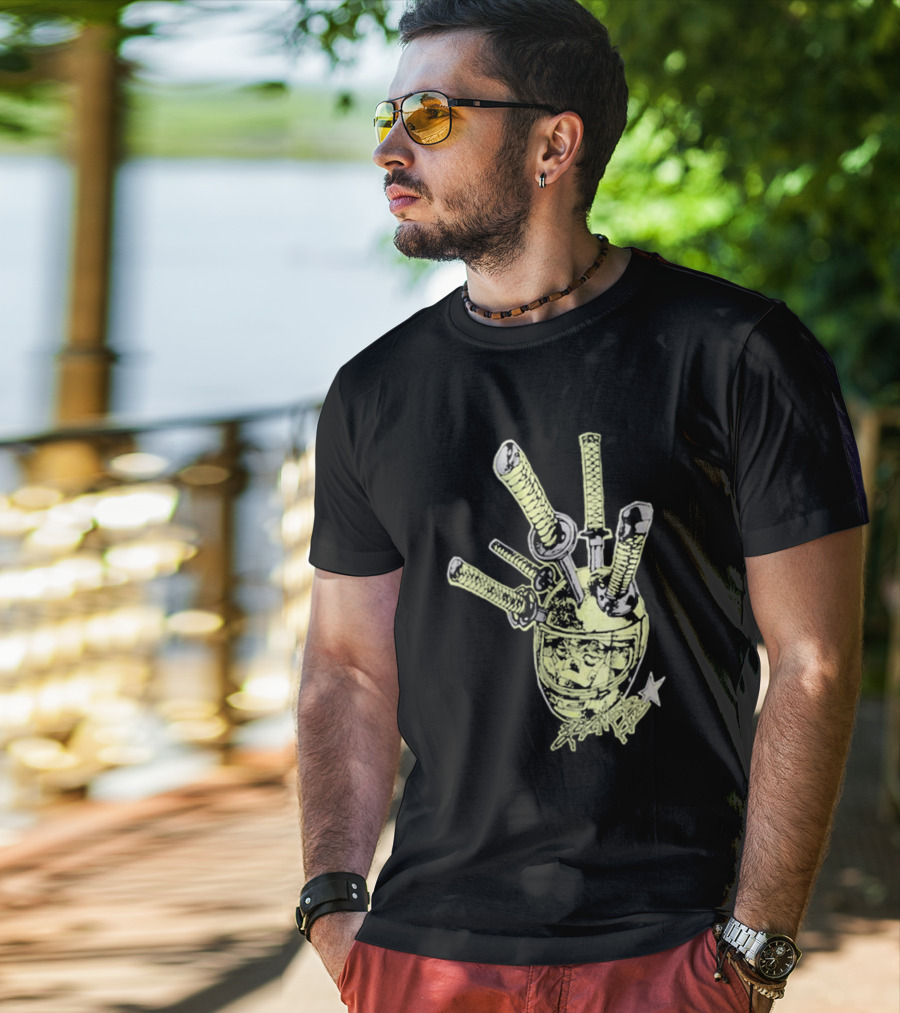 Oremob Katana Helmet Graphic With Star And Japanese Characters T-Shirt