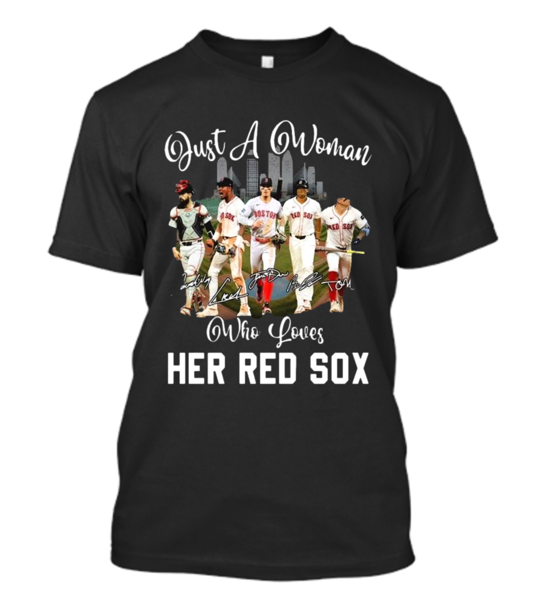Just A Woman Who Loves Her Red Sox Team Signatures Boston City Skyline T-Shirt