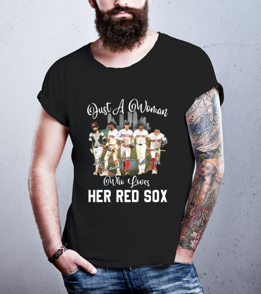 Just A Woman Who Loves Her Red Sox Team Signatures Boston City Skyline T-Shirt