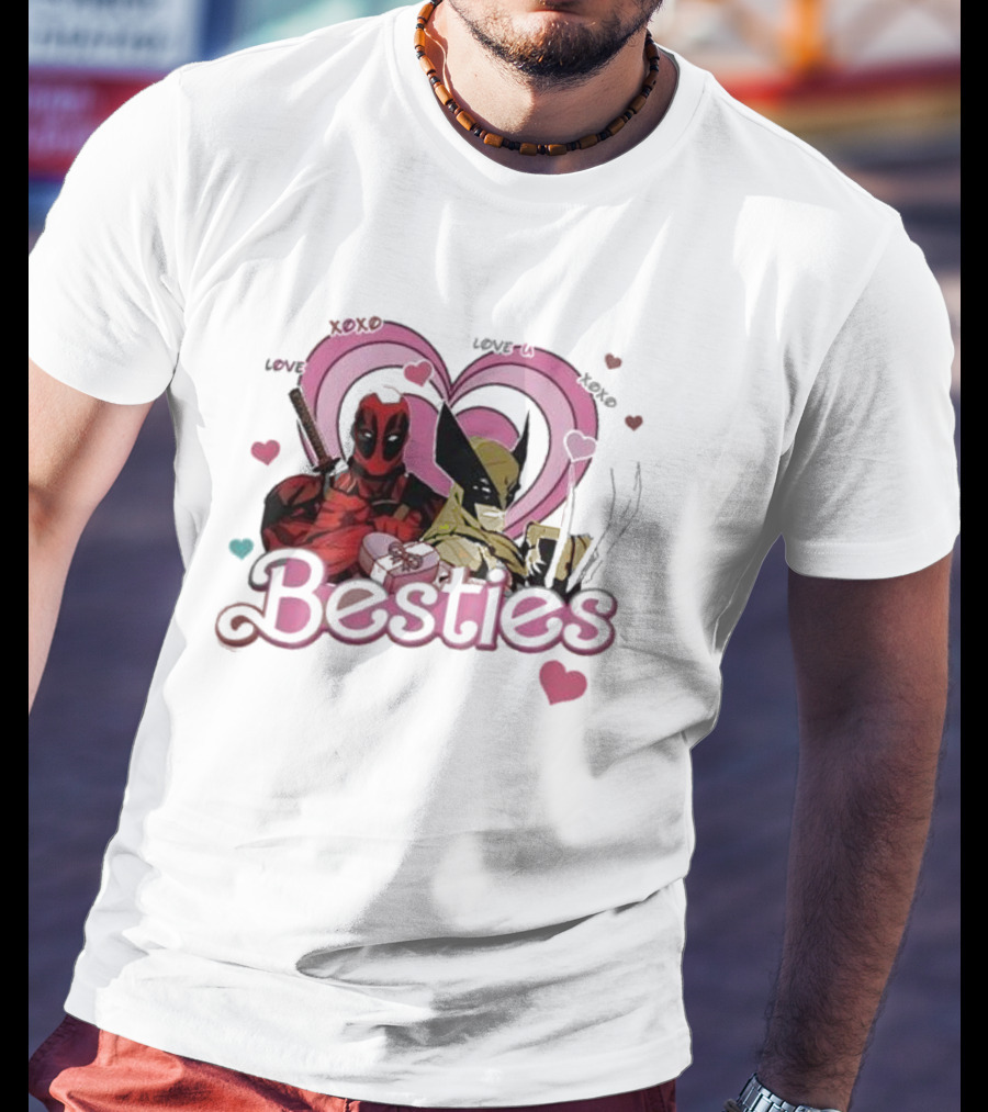 Deadpool Wolverine Love Hearts Besties Cute Friends T-Shirt