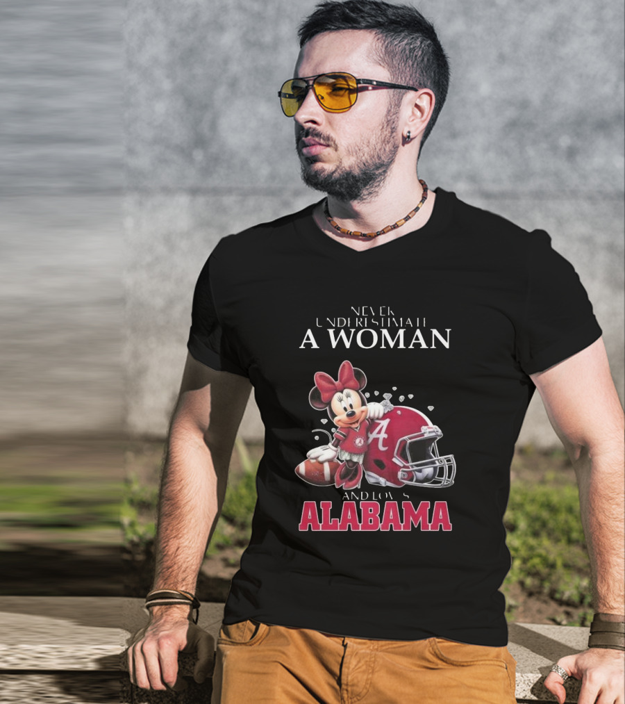 Never Underestimate A Woman Who Loves Alabama Minnie Mouse Football T-Shirt