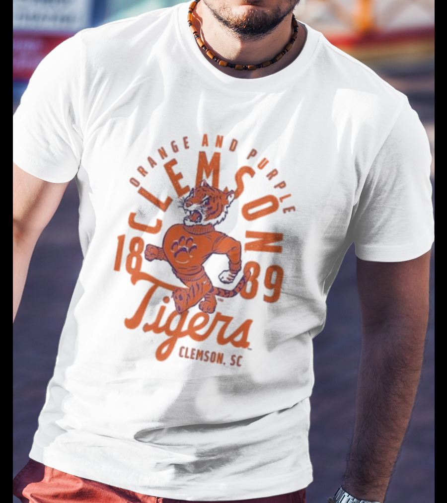 Clemson Tigers Orange And Purple Mascot Overlay 1889 Clemson SC T-Shirt