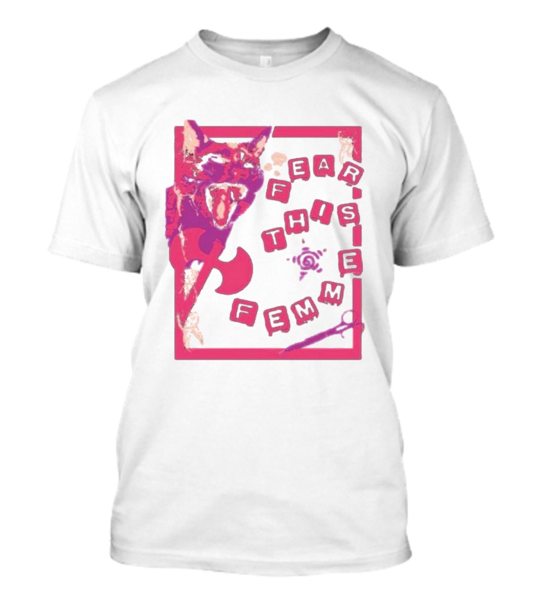 Fear This Femme Cat And Axe Retro Typography Pink Acid Wash T-Shirt