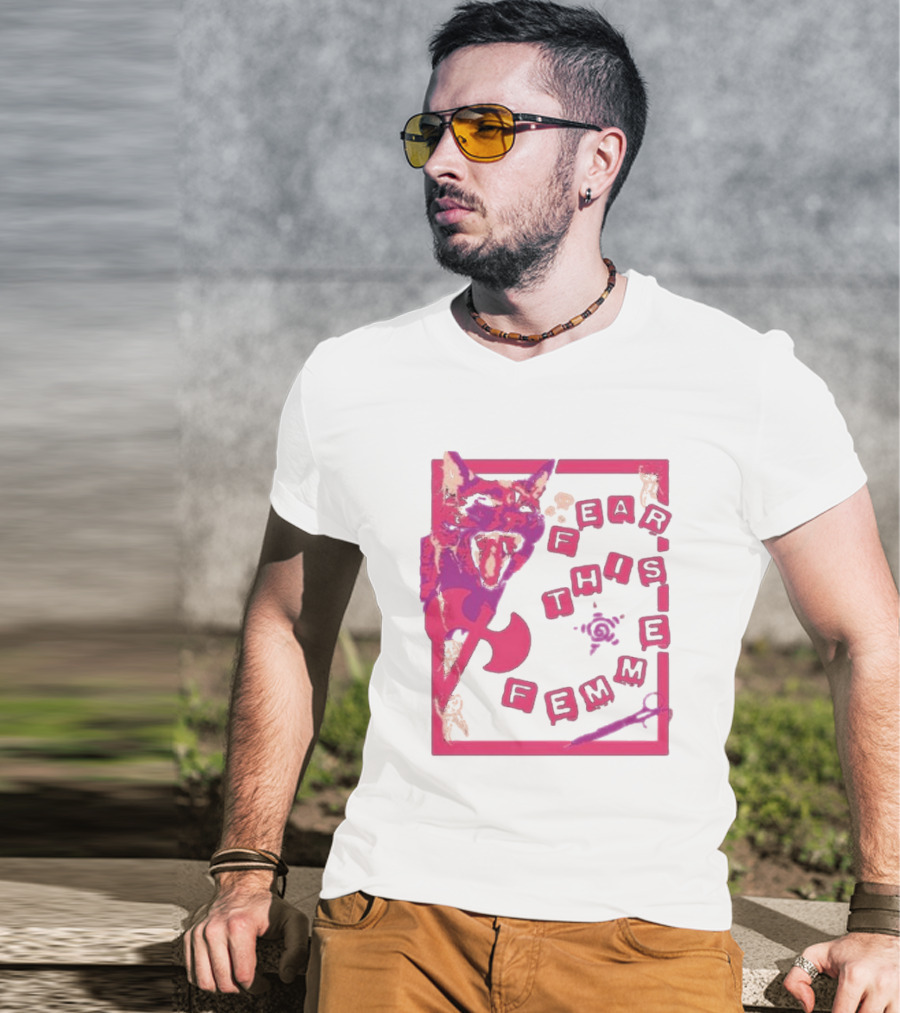 Fear This Femme Cat And Axe Retro Typography Pink Acid Wash T-Shirt
