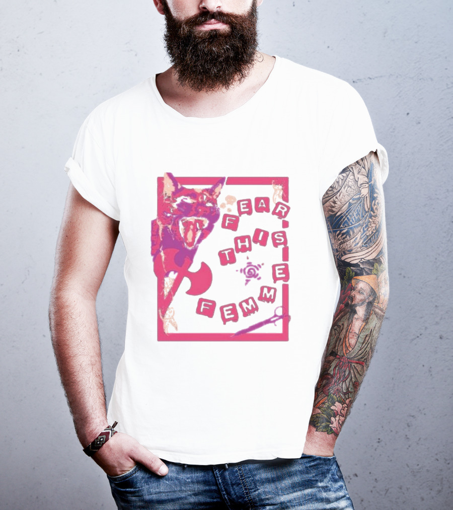 Fear This Femme Cat And Axe Retro Typography Pink Acid Wash T-Shirt
