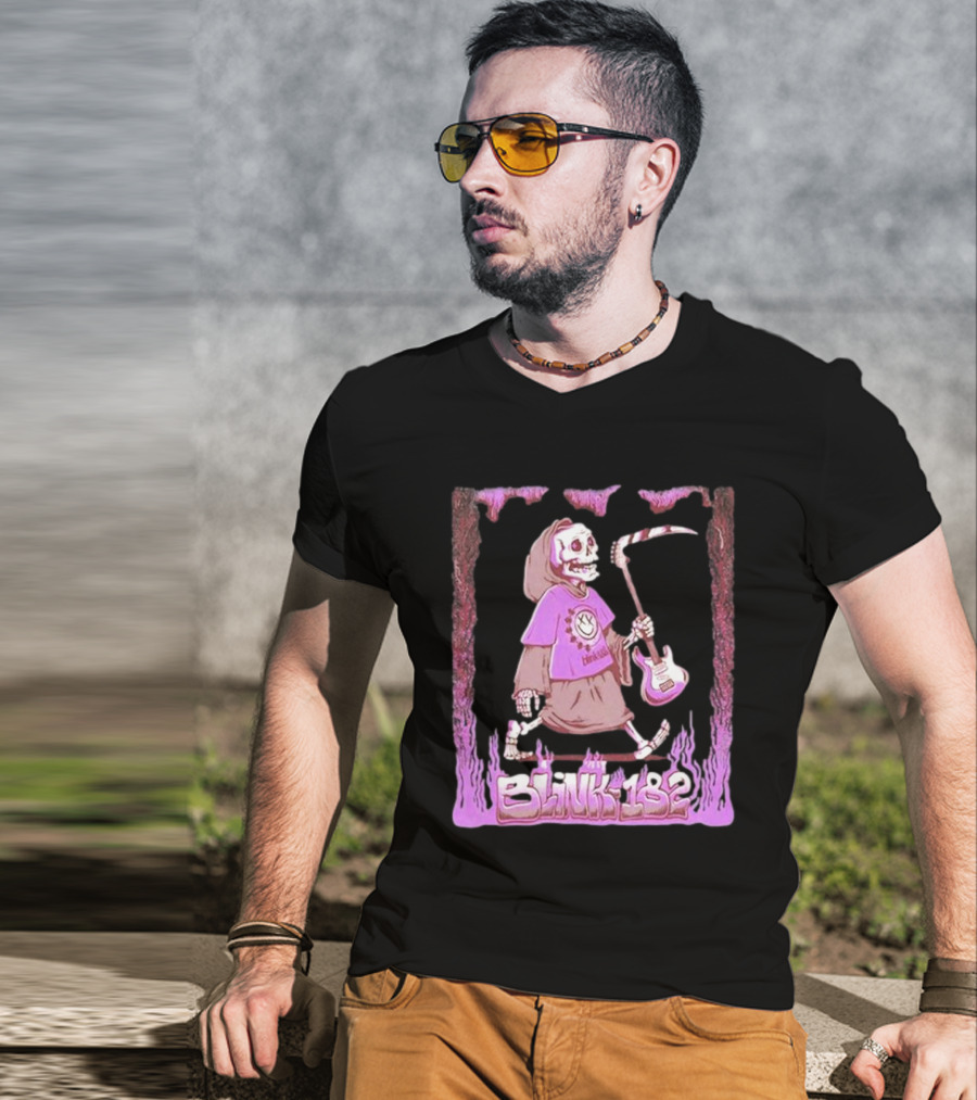 Blink-182 Grim Reaper Skeleton With Guitar Flame Border T-Shirt