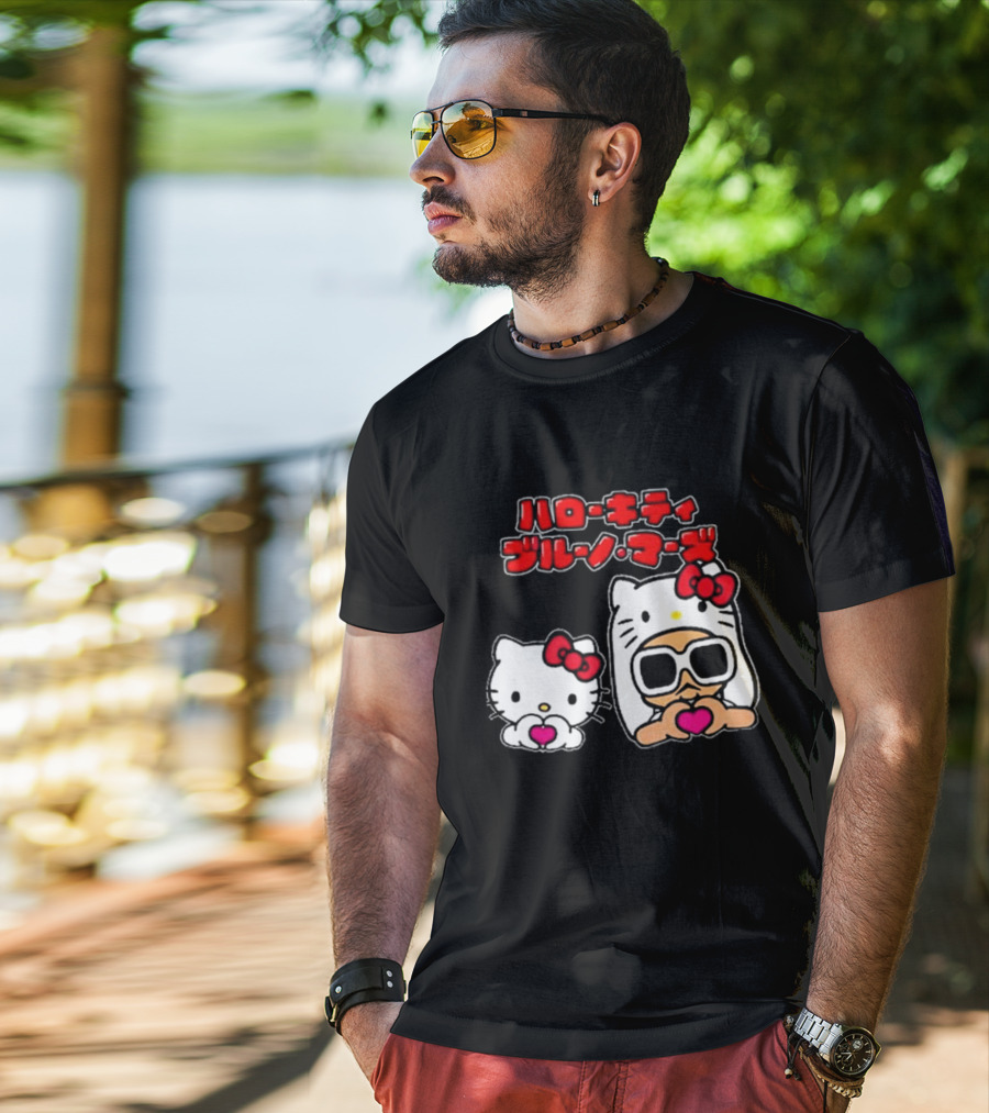 Bruno Mars X Hello Kitty Collaboration Japan Style Cute Characters With Sunglasses And Heart T-Shirt