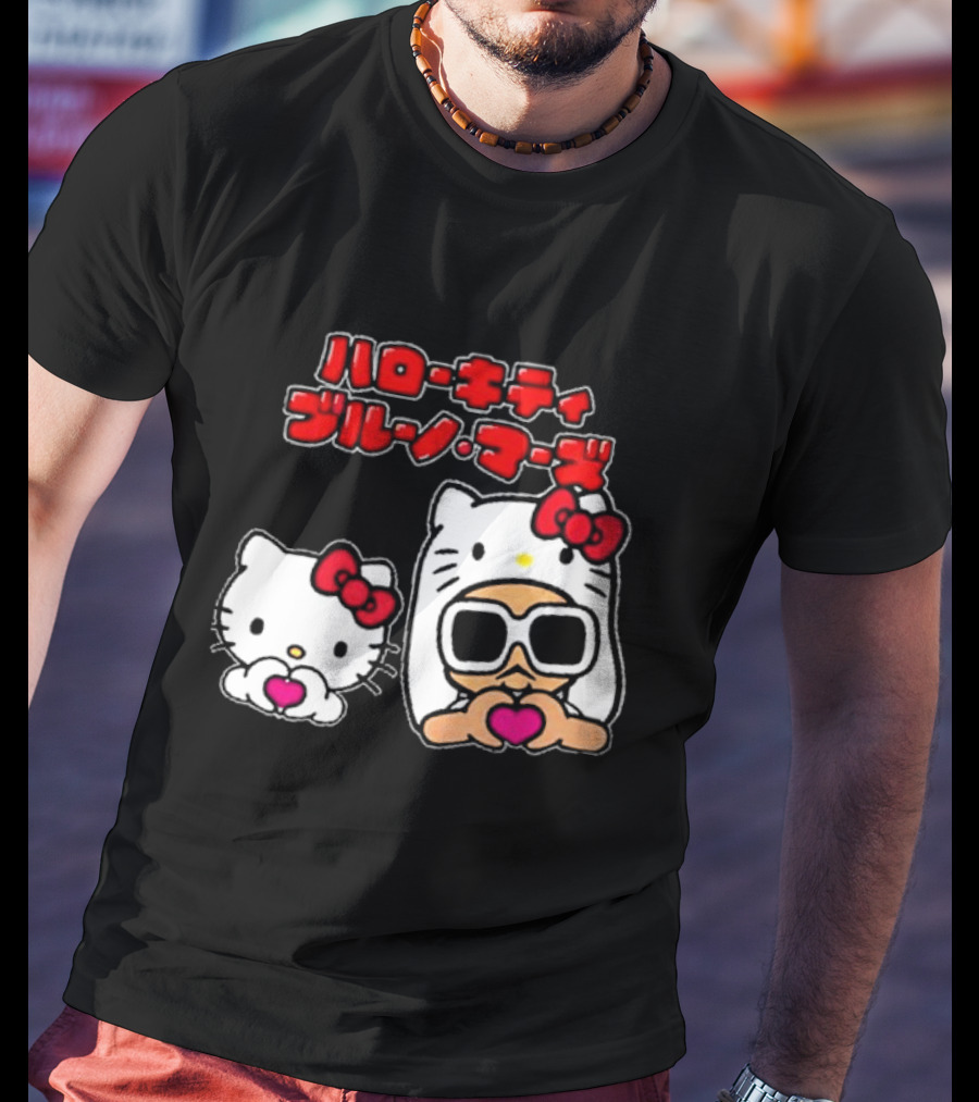 Bruno Mars X Hello Kitty Collaboration Japan Style Cute Characters With Sunglasses And Heart T-Shirt