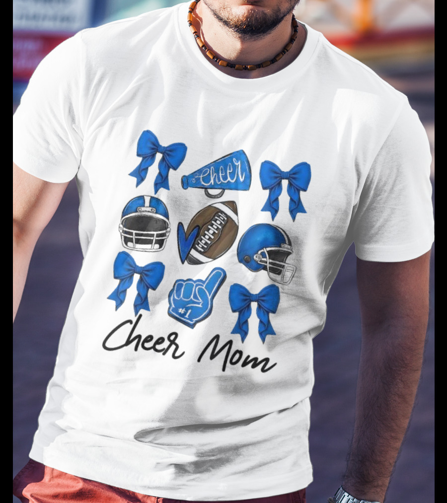 Cheer Mom Era Pom Cheer Leopard Football Coquette Bow Blue T-Shirt
