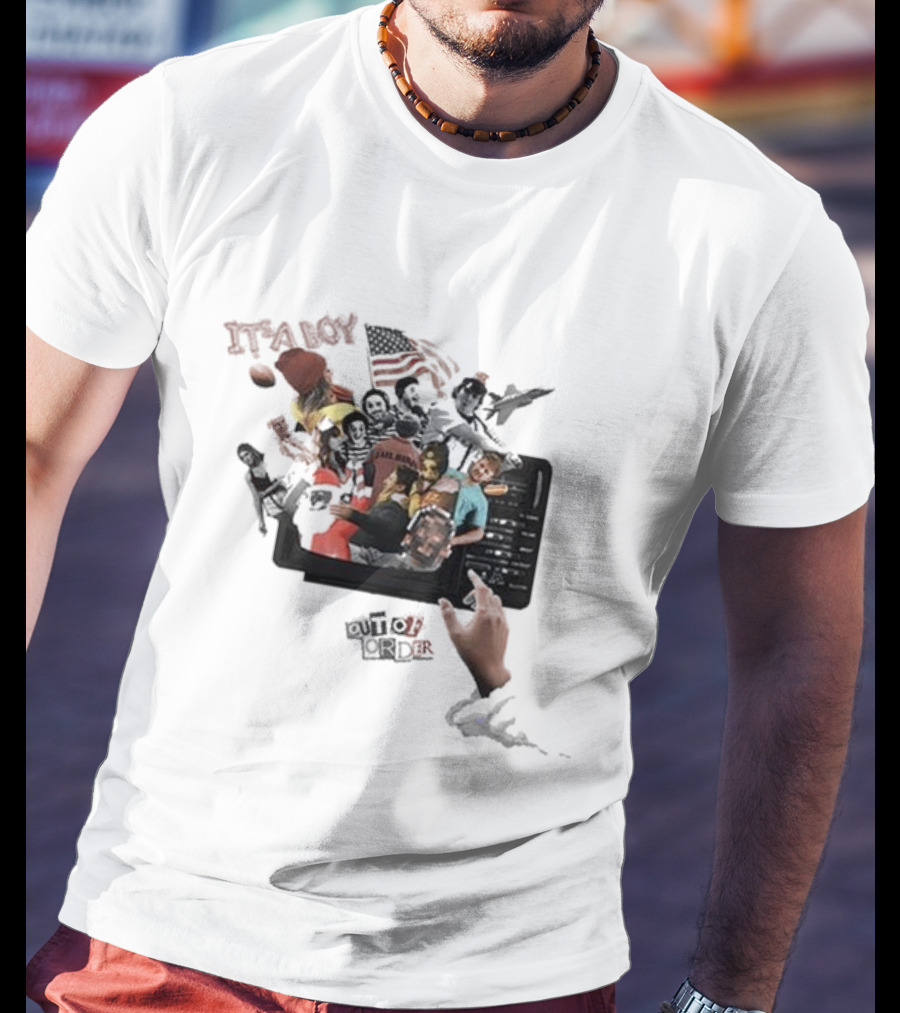 IT’S A BOY OUT OF ORDER Collage American Flag Football Icons T-Shirt