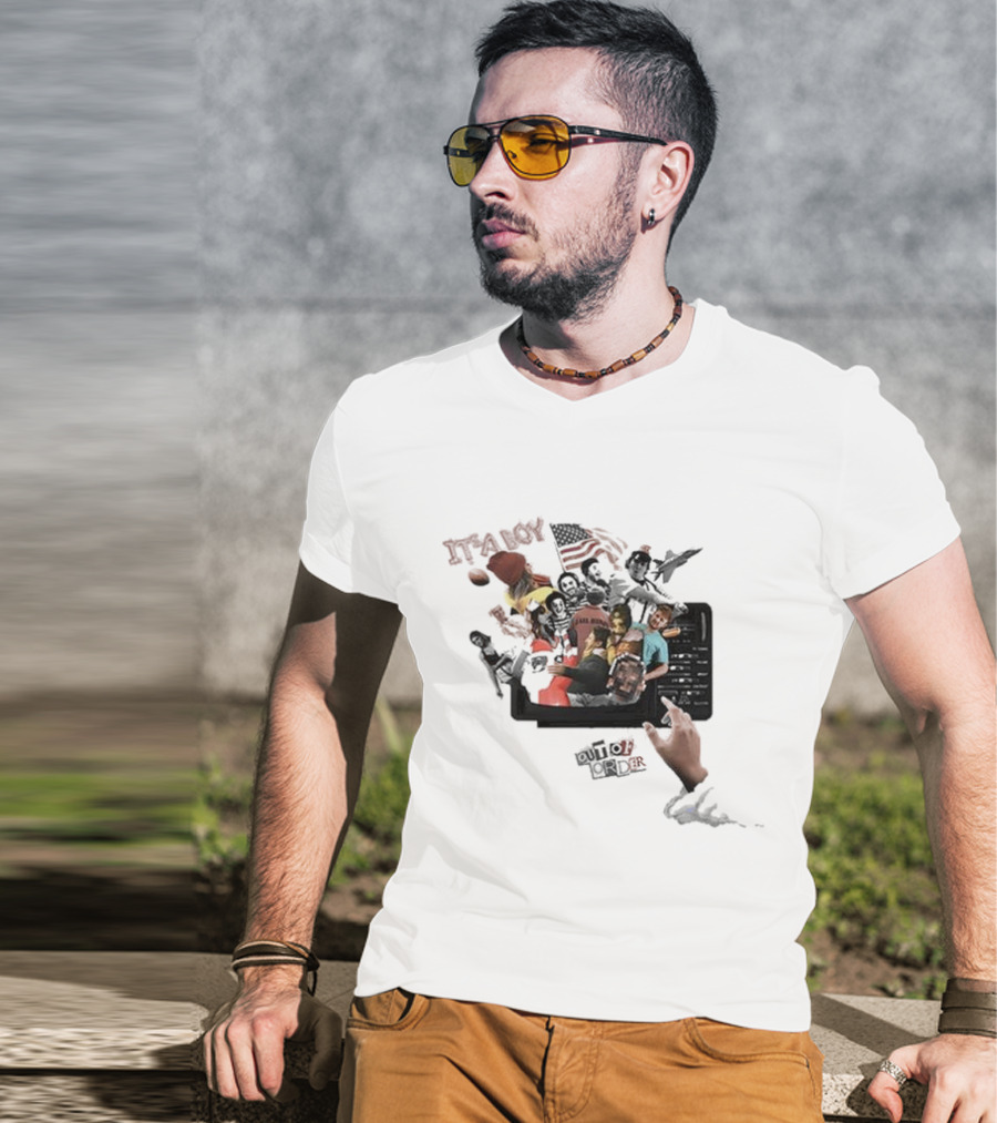 IT’S A BOY OUT OF ORDER Collage American Flag Football Icons T-Shirt