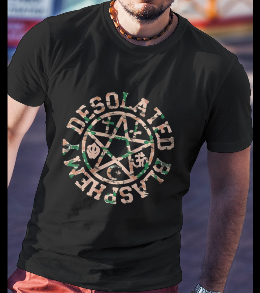 Desolated Blasphemy Pentagram With Religious Symbols T-Shirt
