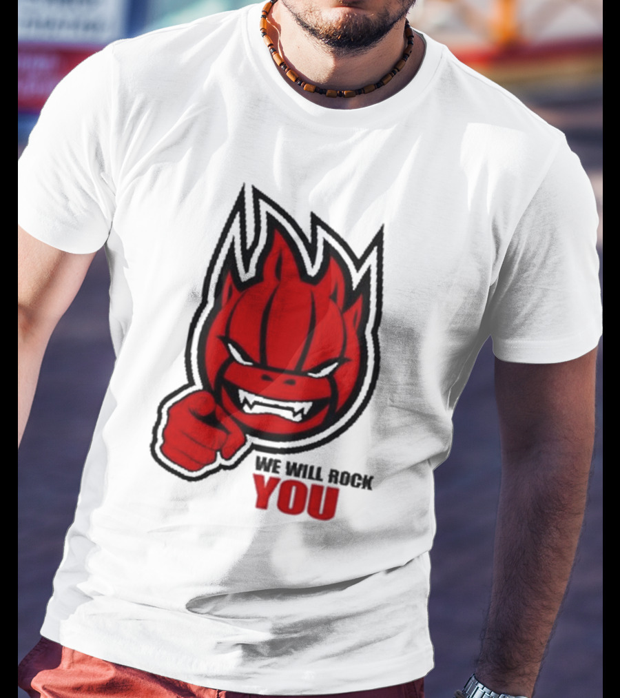 Sir Safety Perugia We Will Rock You Red Flame Character With Pointing Finger T-Shirt