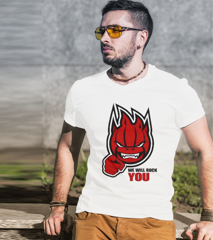 Sir Safety Perugia We Will Rock You Red Flame Character With Pointing Finger T-Shirt