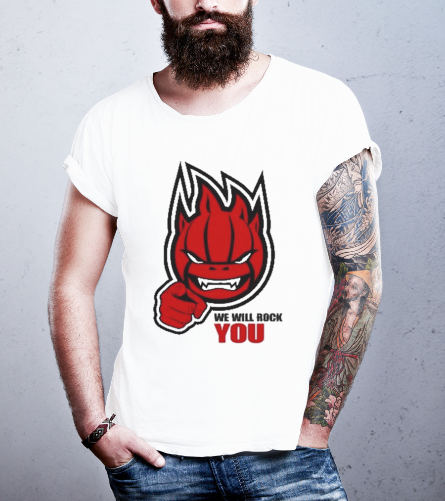 Sir Safety Perugia We Will Rock You Red Flame Character With Pointing Finger T-Shirt