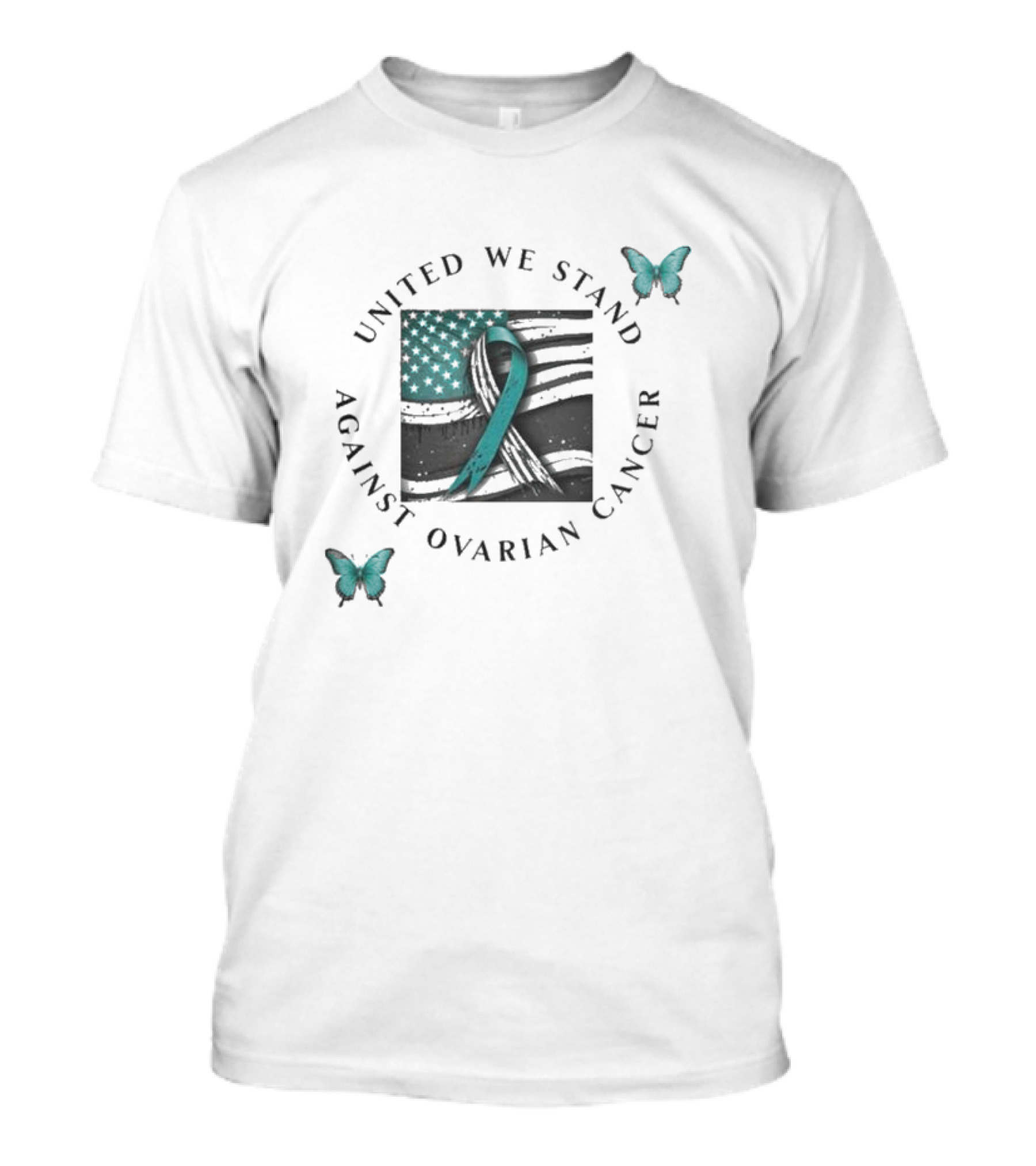 United We Stand Against Ovarian Cancer Ribbon American Flag Butterfly T-Shirt