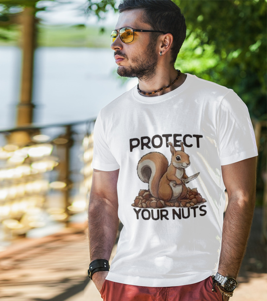 Protect Your Nuts Squirrel Holding Knife Surrounded By Nuts T-Shirt