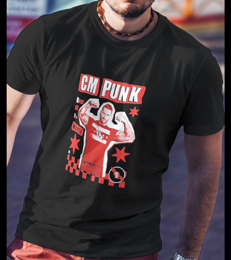 CM Punk Best In The World Star Power Flex Pose Red Stars Checker T-Shirt