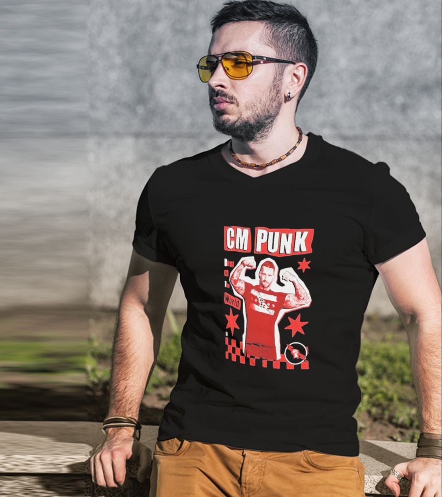 CM Punk Best In The World Star Power Flex Pose Red Stars Checker T-Shirt