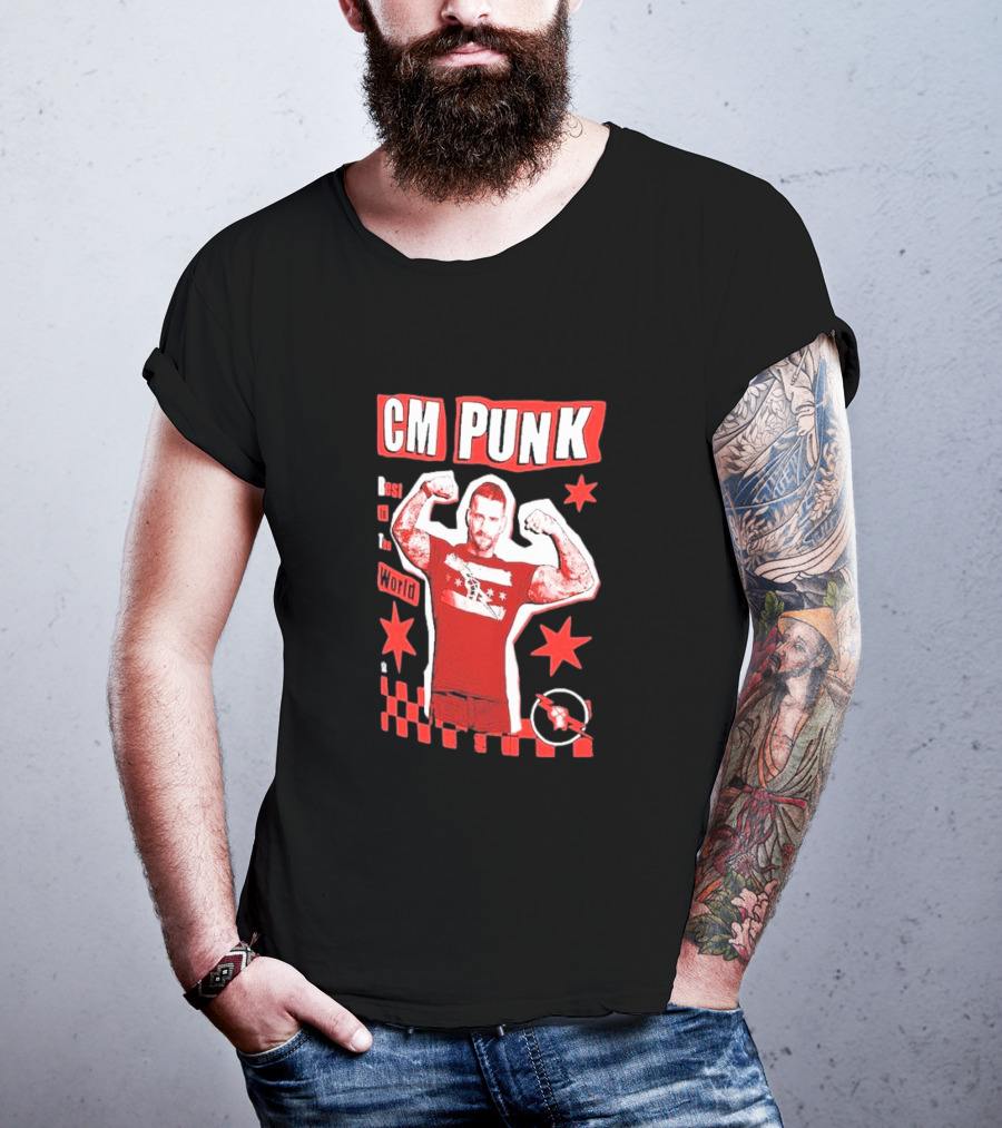 CM Punk Best In The World Star Power Flex Pose Red Stars Checker T-Shirt