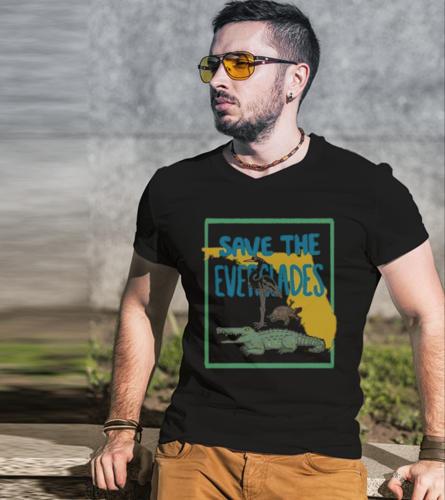 Gators Daily Save The Everglades Florida Map With Alligator, Heron, And Turtle T-Shirt