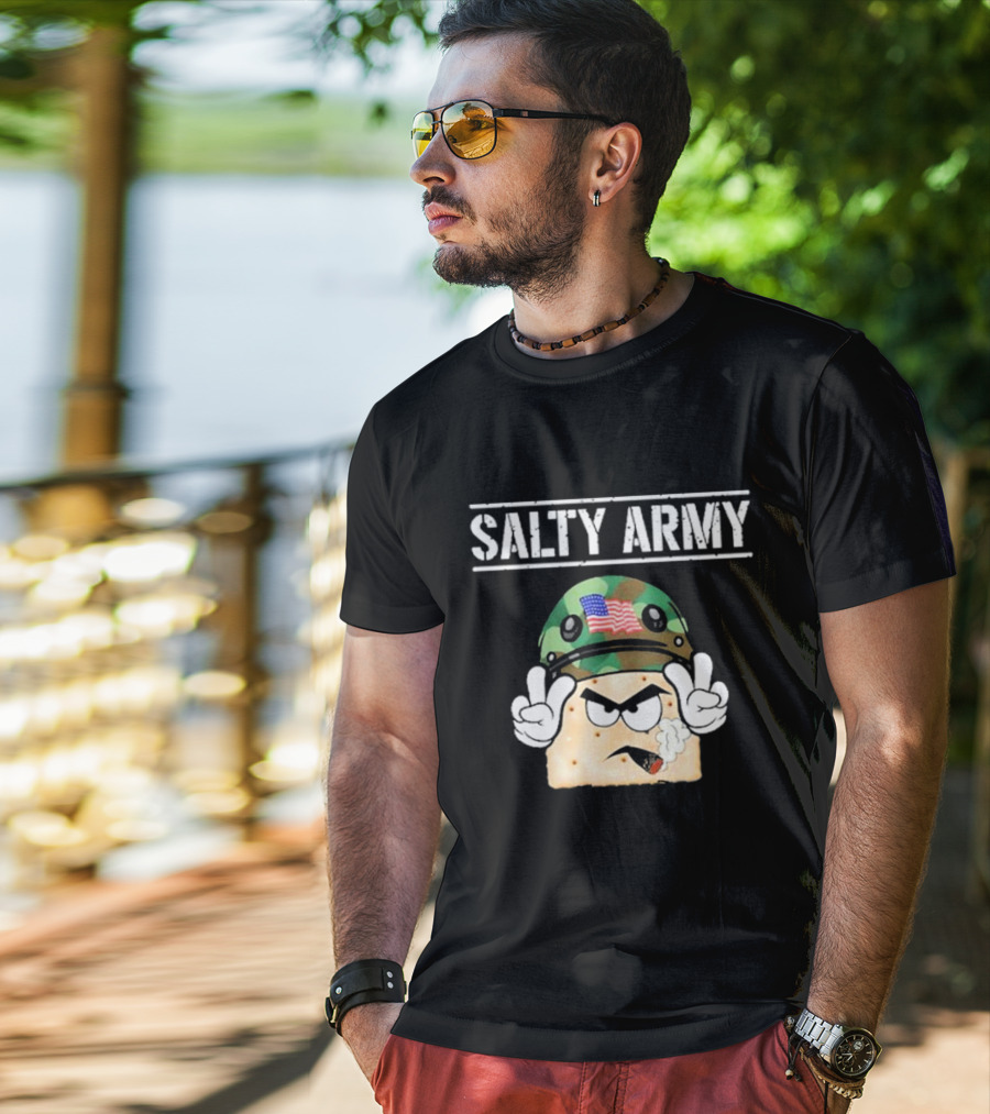 Salty Army Cracker With Camouflage Helmet Smoking Cigarette T-Shirt