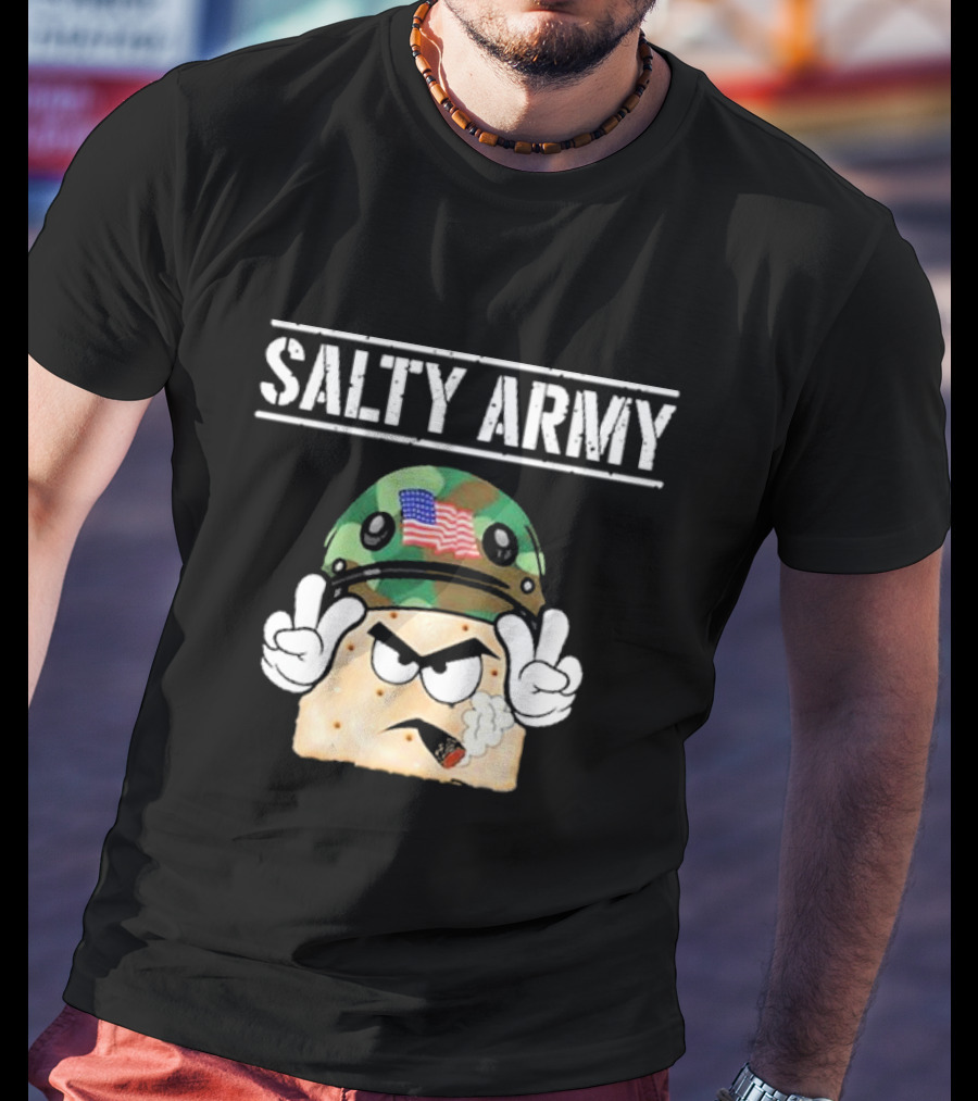 Salty Army Cracker With Camouflage Helmet Smoking Cigarette T-Shirt