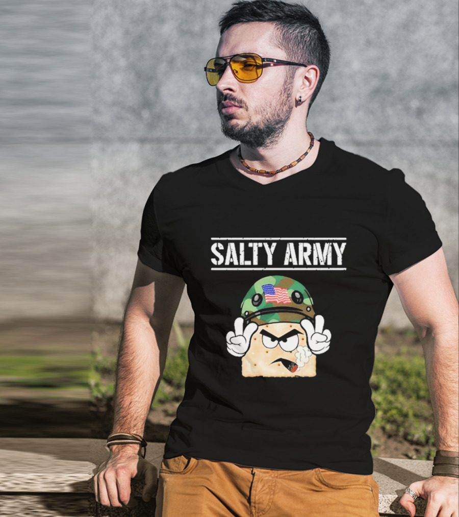 Salty Army Cracker With Camouflage Helmet Smoking Cigarette T-Shirt