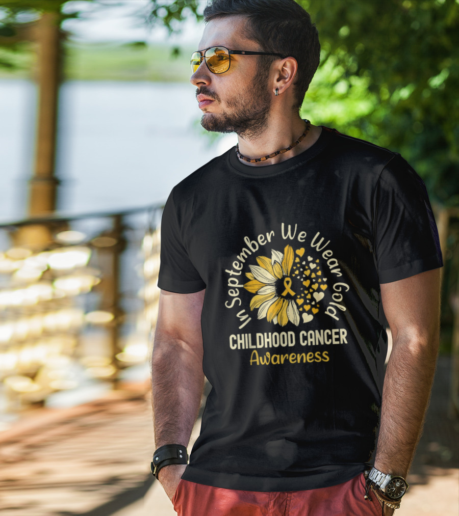 In September We Wear Gold Childhood Cancer Awareness Sunflower Hearts T-Shirt