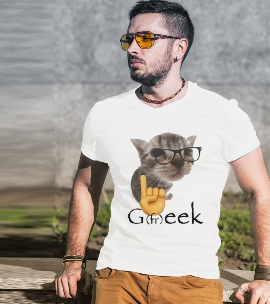 Goofy Ahhs Geek Cat Meme With Glasses And Emoji Finger T-Shirt