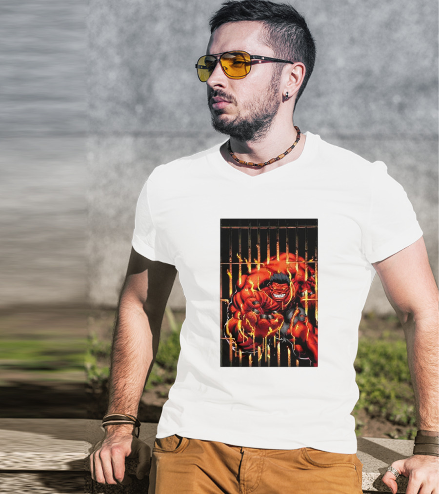 Marvel Red Hulk Escaping Fiery Cage T-Shirt